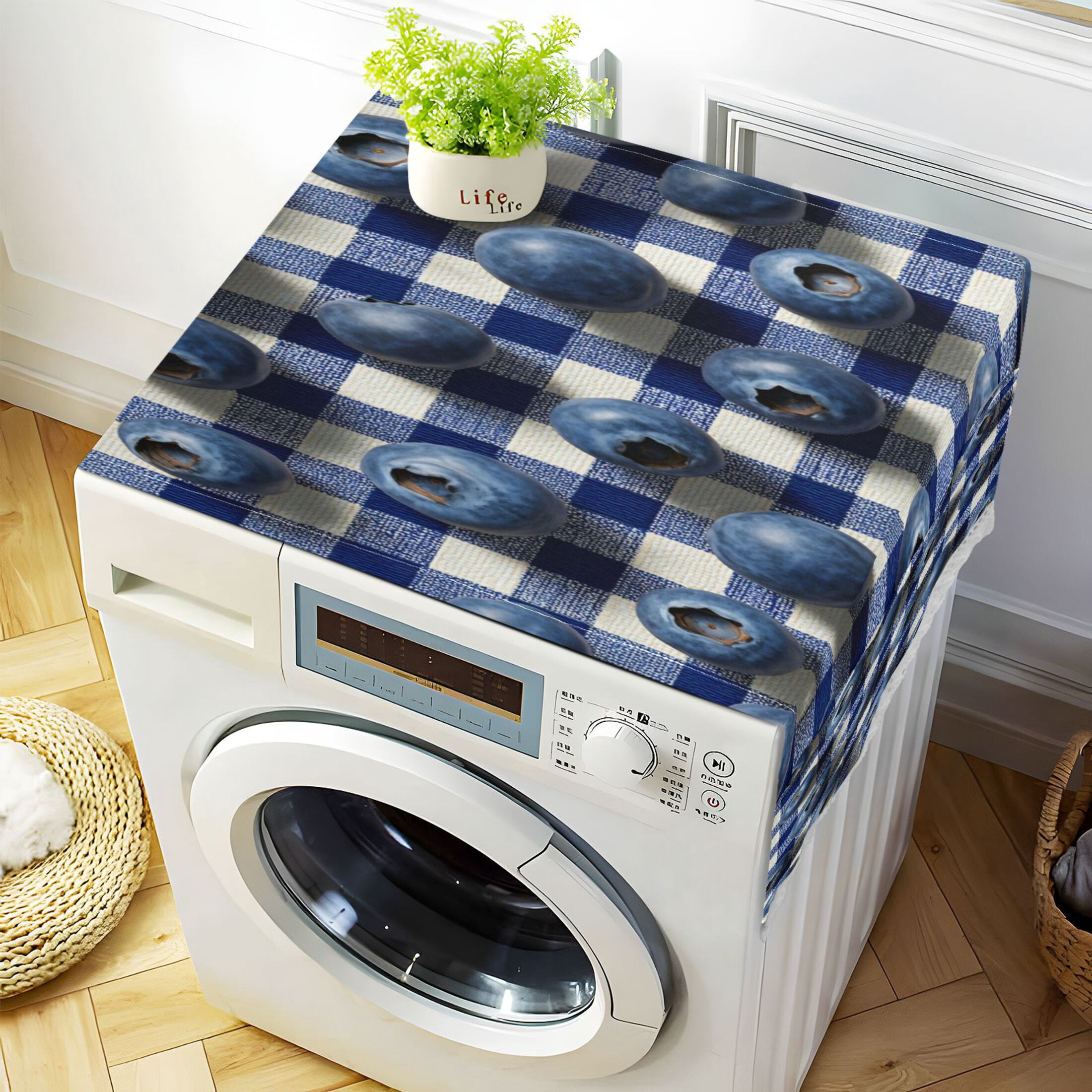 Wobogo Blueberry Plaid Washing Machine Cover Dustproof Washer Dryer Cover Waterproof Laundry Room Decorative Protector