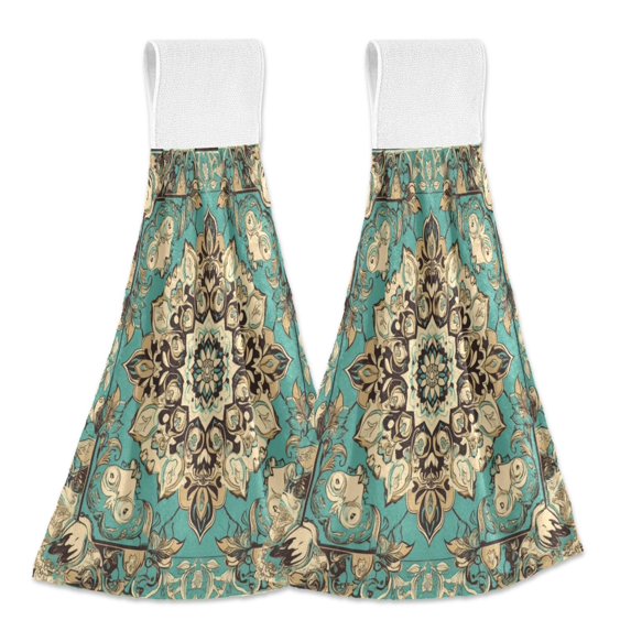 Wobogo Bohemia Pattern Hand Towel Set of 2 Absorbent for Kitchen and Bathroom With Velcro Hanging Loop 18.2×14in