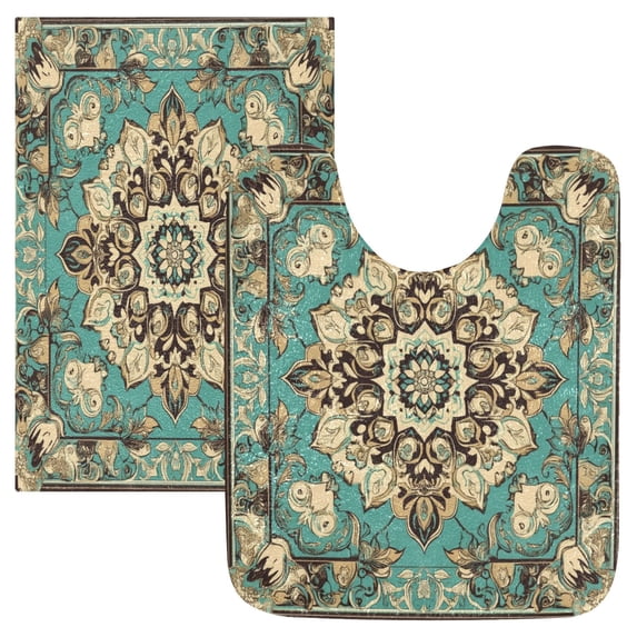 Wobogo Bohemia Pattern U-Shaped Toilet Bath Mat Set Super Soft Absorbent Quick Dry Memory Foam Non Slip Bathroom Rugs for Tub Shower and Single Sink