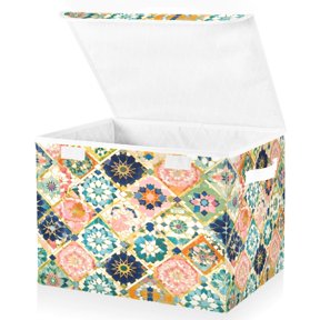 Wobogo Boho Tile Vibes Large Collapsible Storage Box Flip Lid Fabric Decorative Organizer Container Basket with Handles 16.512.611.8in