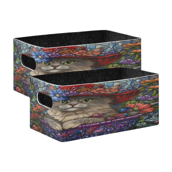 Wobogo Bonneted Kitty Decorative Folding Storage Basket Set of 2 for Desktop Bedroom Living Room Dressing Table
