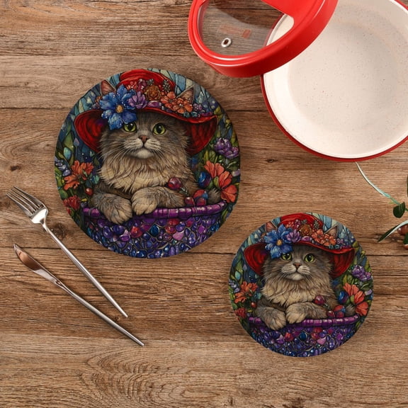 Wobogo Bonneted Kitty Trivets Potholders Set of 2 Cotton Woven Round Hot Plate Mats for Hot Dishes Bowls Teapots