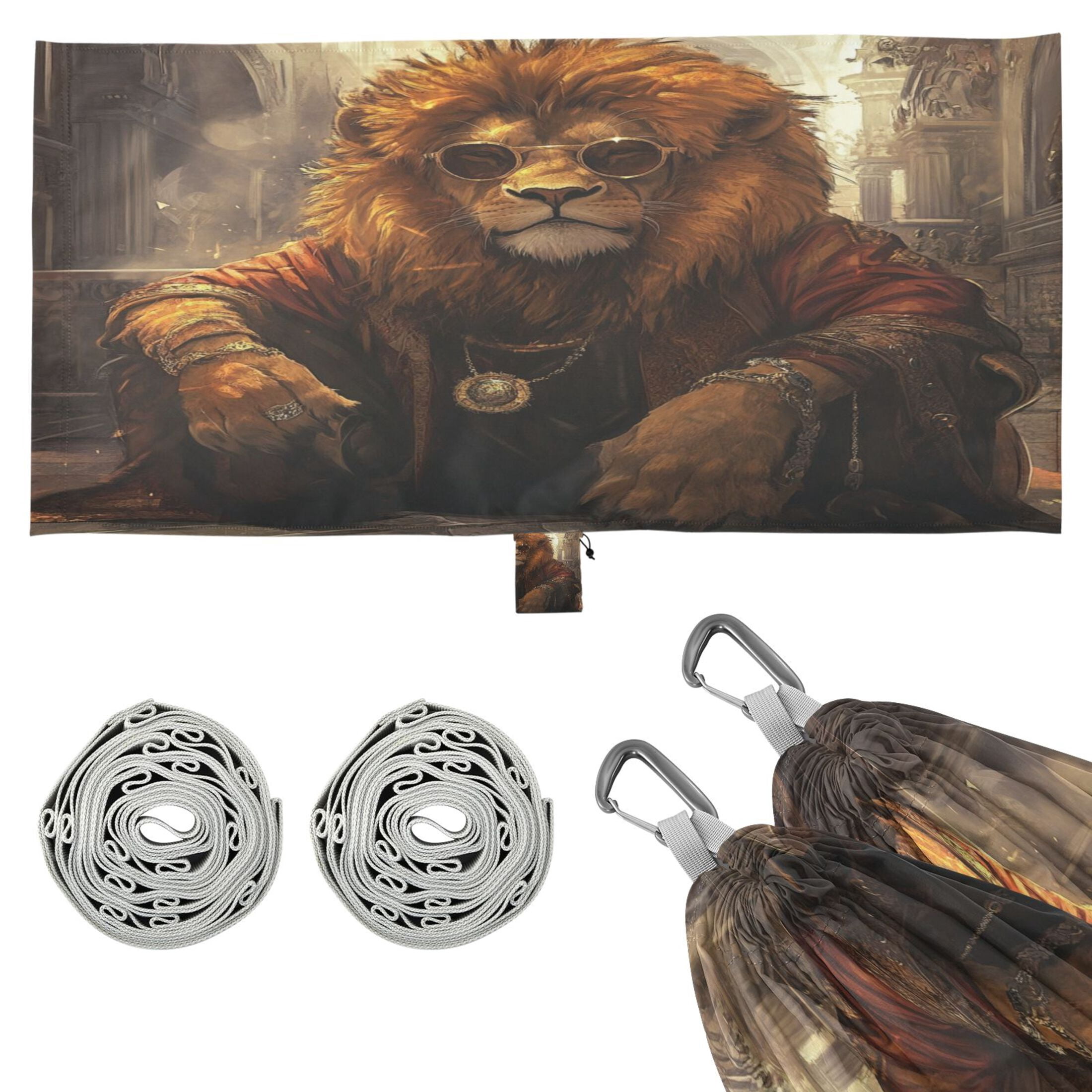 Wobogo Bossy Lion Illustration Camping Hammocks 330 lb Capacity with Tree Straps and Hanging Pockets for Outside Hiking Beach Backpack Travel