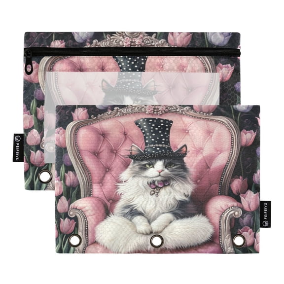 Wobogo Bowler Hat Ragdoll Cat Pencil Pouch with 3 Ring Binder Holes Set of 2 for Learning Tools