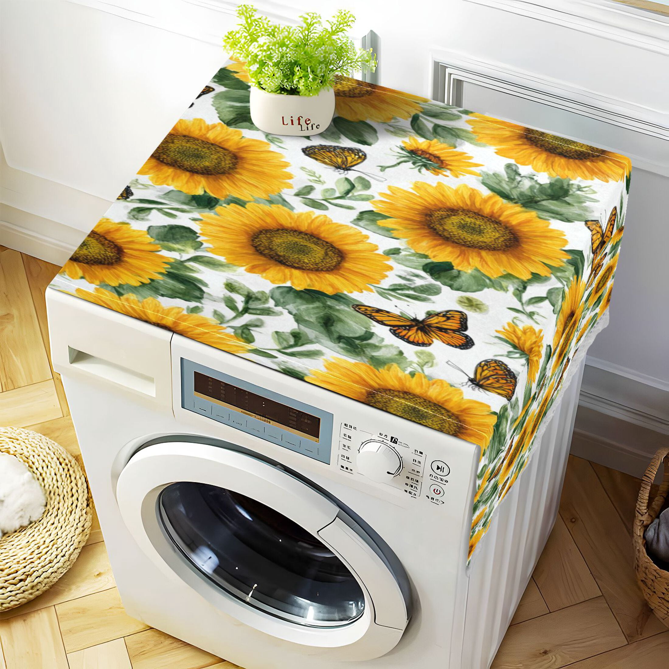 Wobogo Bright Sunflower Floral Washing Machine Cover Dustproof Washer Dryer Cover Waterproof Laundry Room Decorative Protector