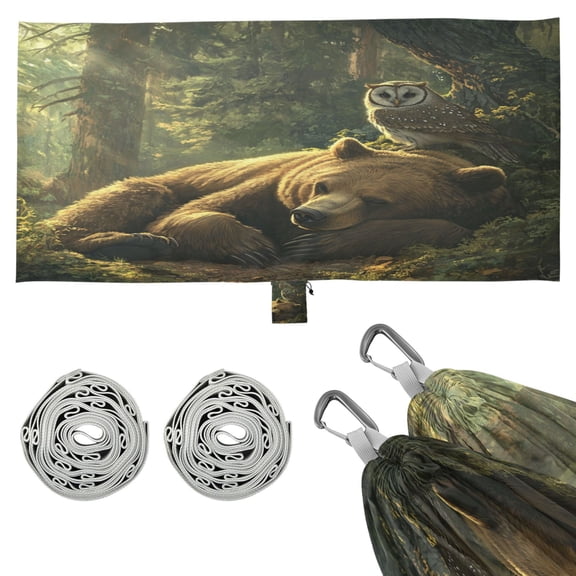 Wobogo Brown Bear Owl Resting Together Camping Hammocks 330 lb Capacity with Tree Straps and Hanging Pockets for Outside Hiking Beach Backpack Travel