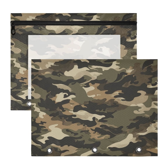 Wobogo Brown Camouflage A4 Size Clear Polyester File Pocket Set of 2 Zipper Home Work Office Organizer