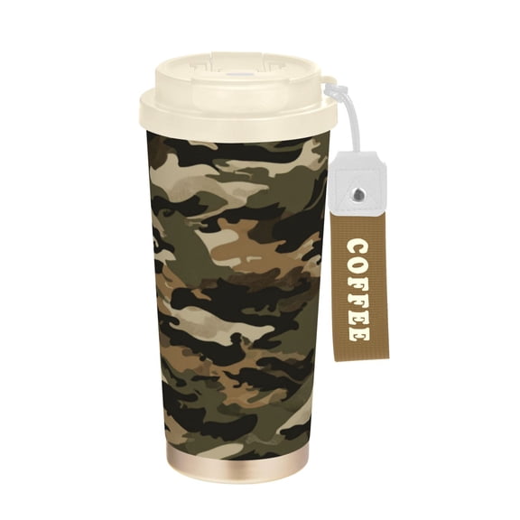 Wobogo Brown Camouflage Double Drinking Coffee Cup Insulated Mug with Food-grade 316 Stainless Steel Beige Lid