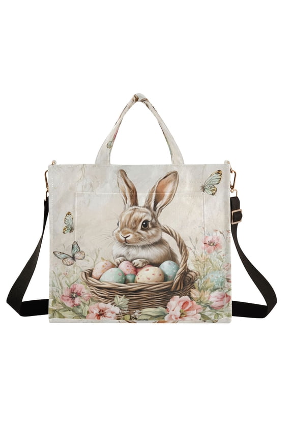 Wobogo Brown Easter Bunny Corduroy Tote Bag for Women Travel Crossbody Bag Purse Women Shoulder Bags Work Handbags Daily Commuter Bag 10.2×9inch