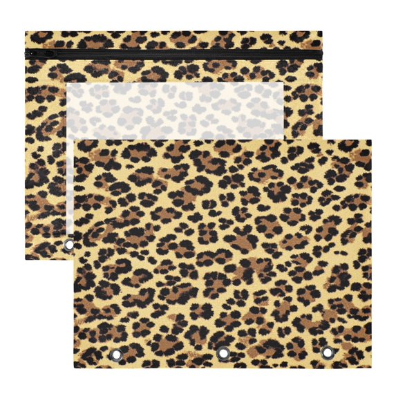 Wobogo Brown Leopard A4 Size Clear Polyester File Pocket Set of 2 Zipper Home Work Office Organizer