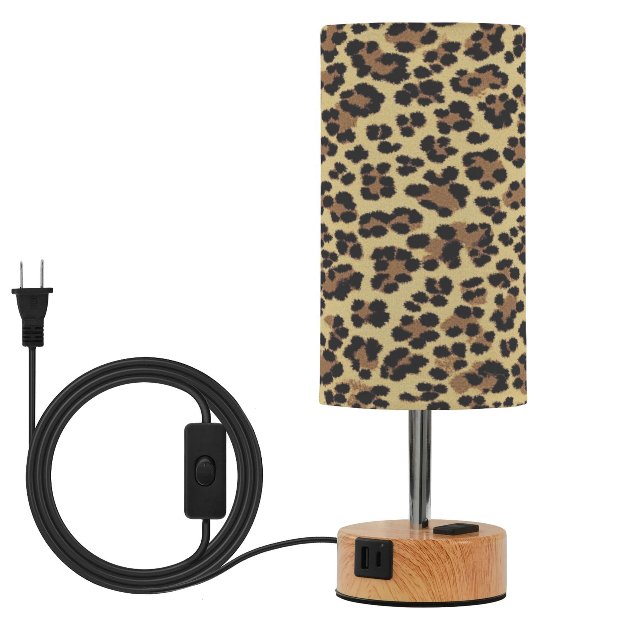 Wobogo Brown Leopard Bedside Lamp Touch Control Table Lamp with USB A+C Charging Ports & AC Outlet 3-Way Dimmable Nightstand Lamp with Linen Fabric Shade for Bedroom Living Room