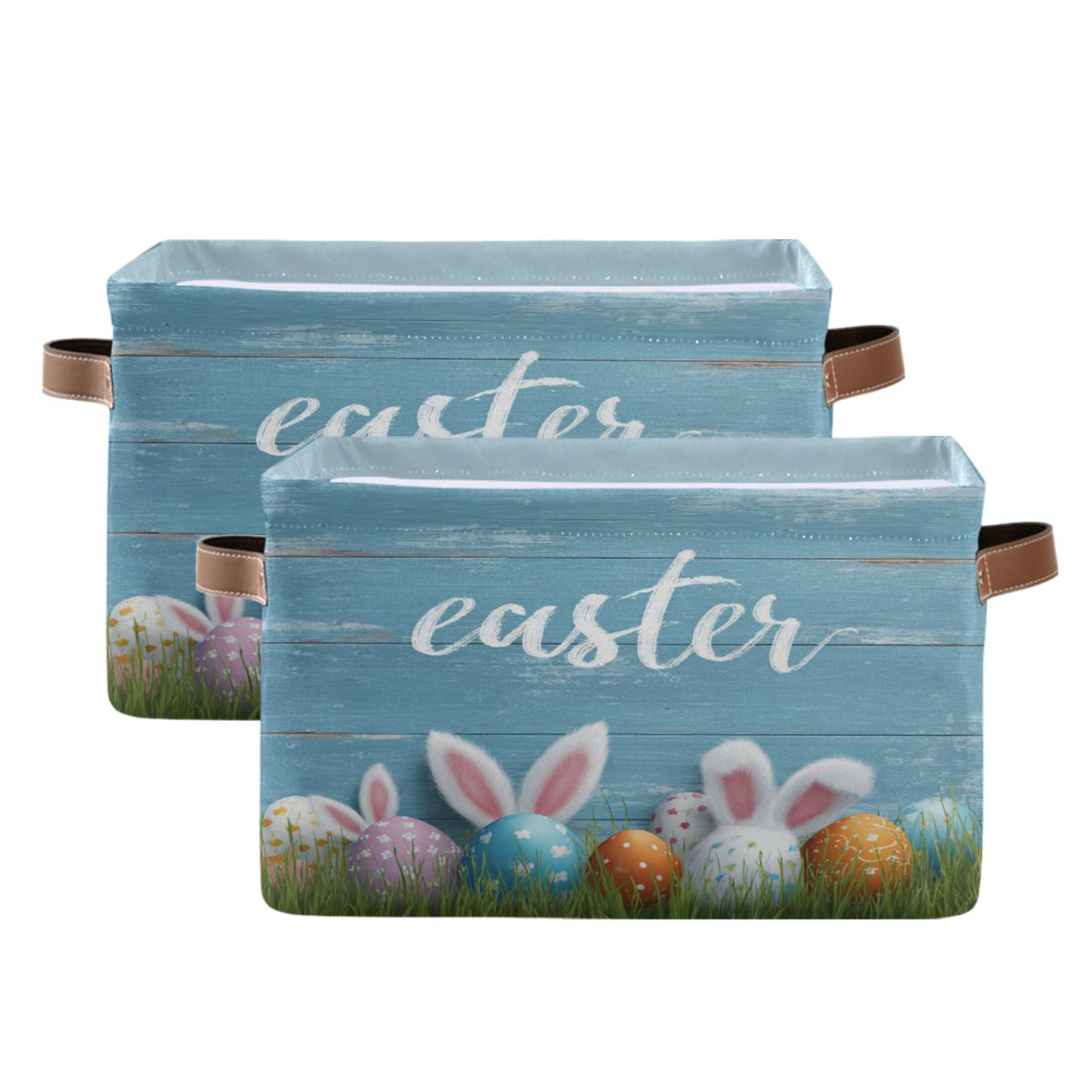 Wobogo Bunny Ear Easter Egg Square Storage Basket Set of 2 with Waterproof Canvas and PE Lining Durable PU Leather Handles 14.2×10.2×8.3in