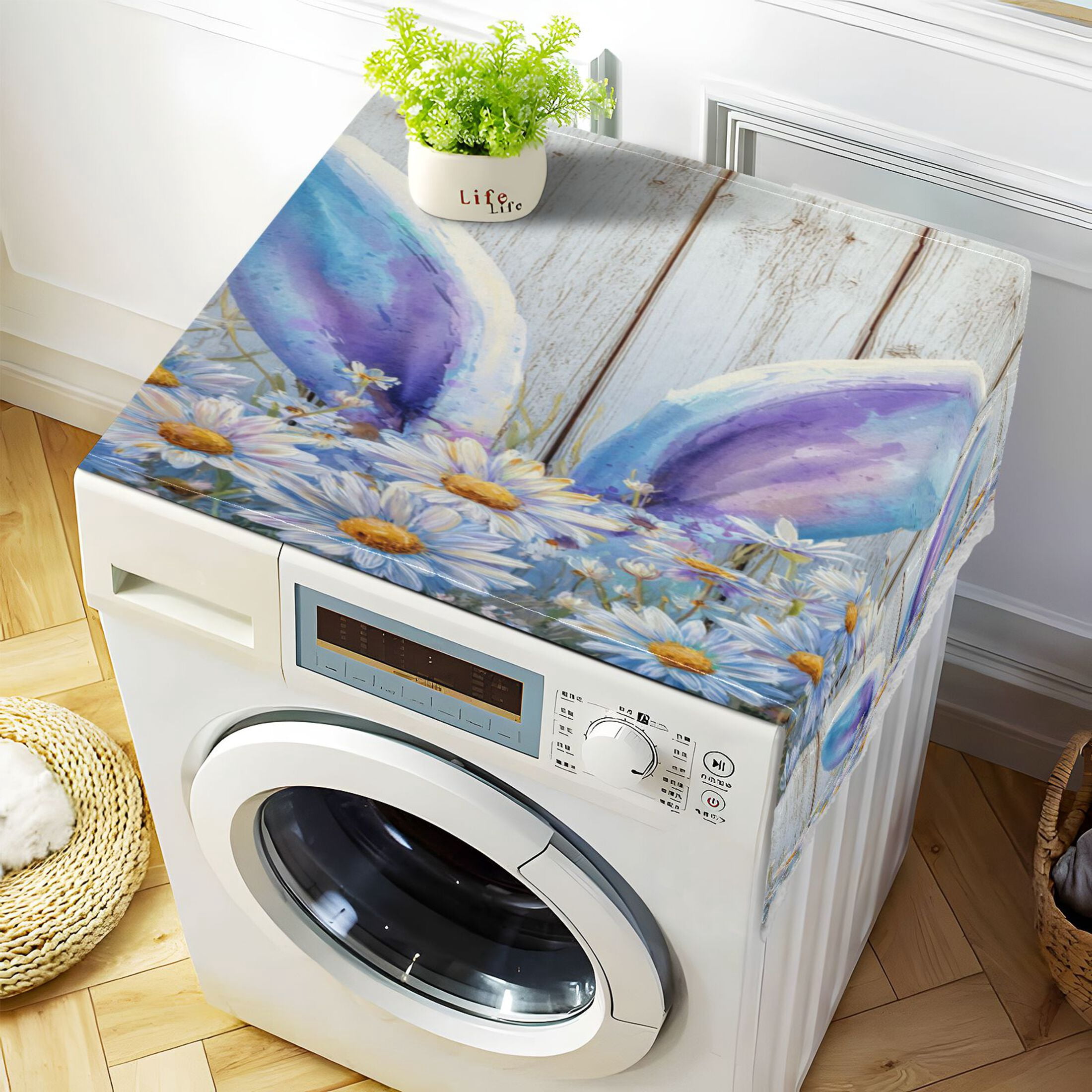 Wobogo Bunny Ears Daisy Washing Machine Cover Dustproof Washer Dryer Cover Waterproof Laundry Room Decorative Protector