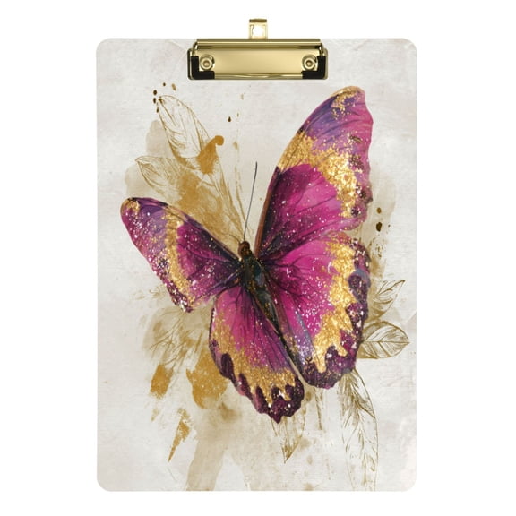 Wobogo Burgundy Butterfly Acrylic Writing Pad Gold Clip Stardard Size A4 Office Decorative for Students Workers 12.5×9in