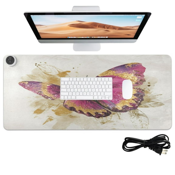 Wobogo Burgundy Butterfly Heated Mouse Pad Extra-Large Desk Mat With 3 Heating Levels and 3-hour Auto Shut-Off Protection Ideal for Computer Keyboards Home Office Hand-warming Essential 31.5in  13in
