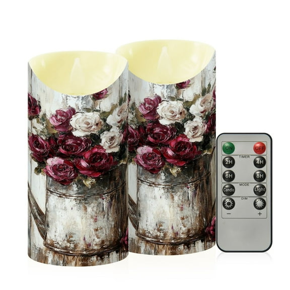 Wobogo Burgundy Roses Flameless Candles with Remote Battery Operated Flickering LED Candles with Timer 2/4/6/8H Medium Size