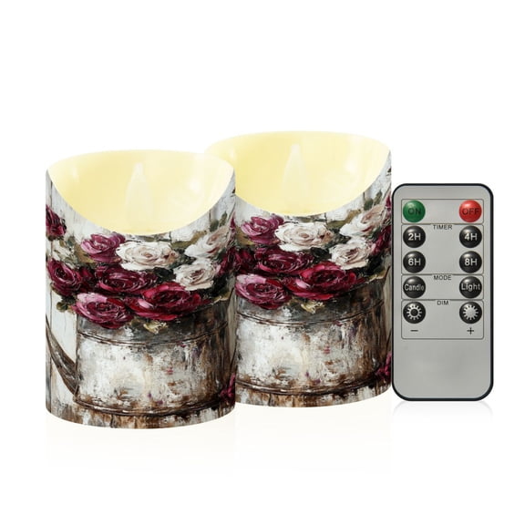 Wobogo Burgundy Roses Flameless Candles with Remote Battery Operated Flickering LED Candles with Timer 2/4/6/8H Small Size
