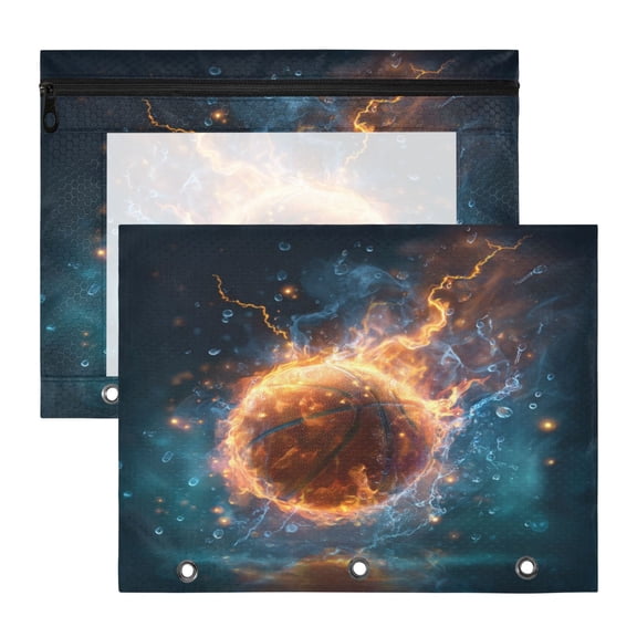 Wobogo Burning Basketball A4 Size Clear Polyester File Pocket Set of 2 Zipper Home Work Office Organizer