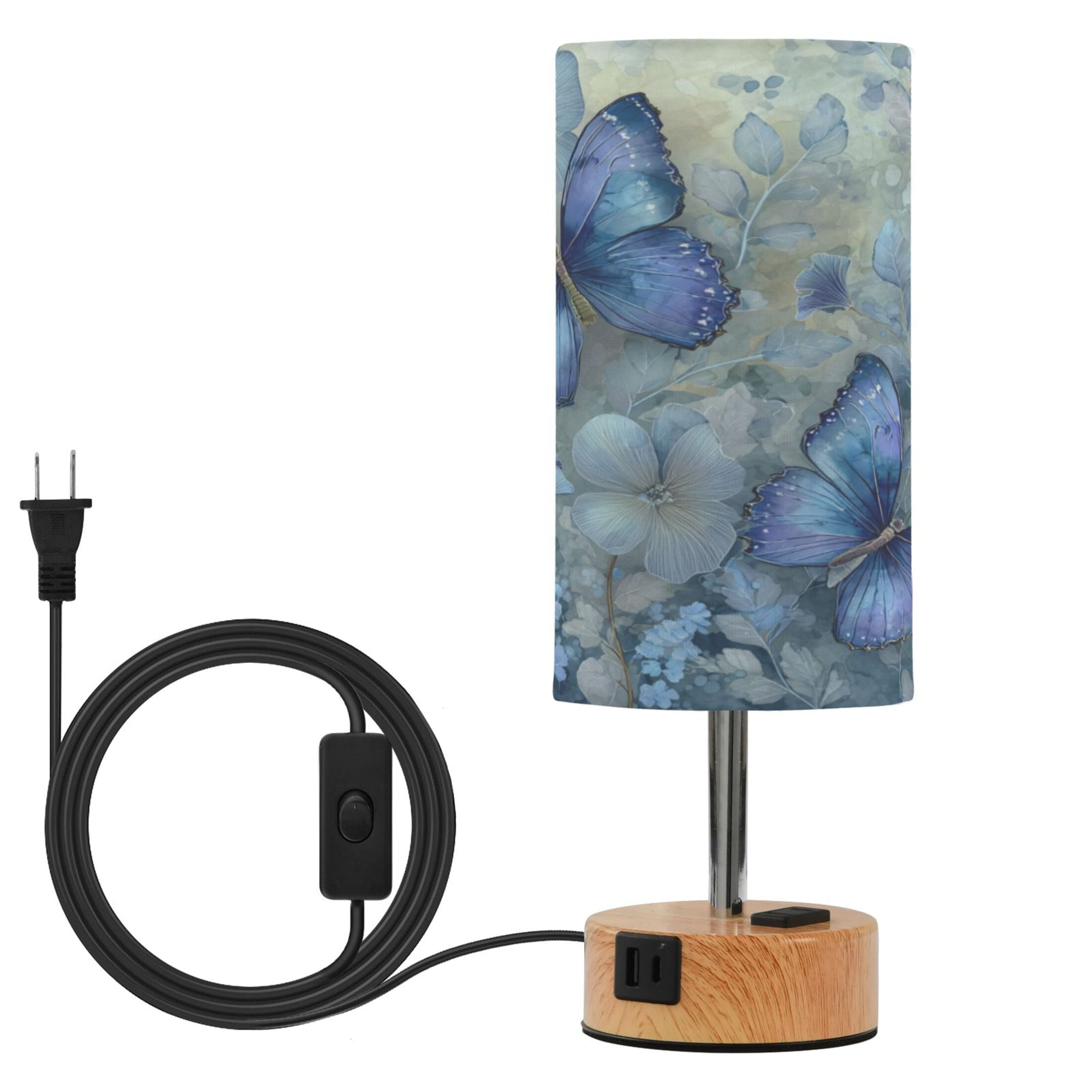 Wobogo Butterfly Floral Bedside Lamp Touch Control Table Lamp with USB A+C Charging Ports & AC Outlet 3-Way Dimmable Nightstand Lamp with Linen Fabric Shade for Bedroom Living Room