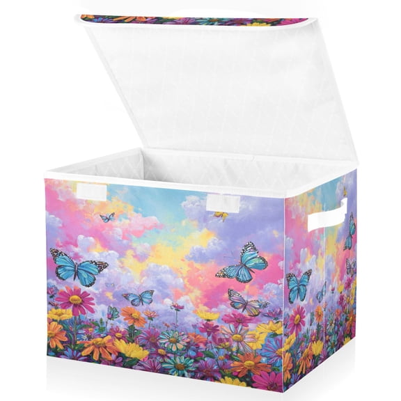 Wobogo Butterfly Floral Dream Large Collapsible Storage Box Flip Lid Fabric Decorative Organizer Container Basket with Handles 16.512.611.8in