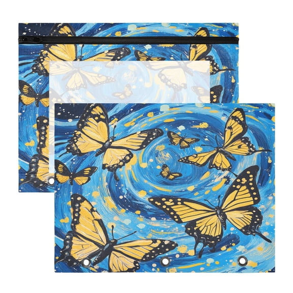 Wobogo Butterfly Starry Night A4 Size Clear Polyester File Pocket Set of 2 Zipper Home Work Office Organizer