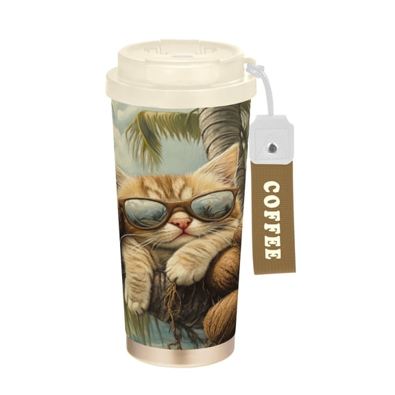 Wobogo Calico Cat Double Drinking Coffee Cup Insulated Mug with Food-grade 316 Stainless Steel Beige Lid