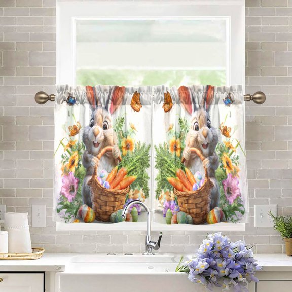 Wobogo Cartoon Easter Bunny Kitchen Curtains 2 Piece Set Farmhouse Country Style Light Filtering Small Window Drapes Suitable for Bathroom Laundry Room and RV 27x24in