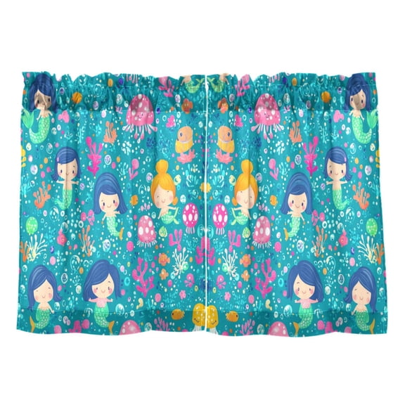 Wobogo Cartoon Mermaids Blue Pattern Kitchen Curtains 2 Piece Set Farmhouse Country Style Light Filtering Small Window Drapes Suitable for Bathroom Laundry Room and RV 27x36in