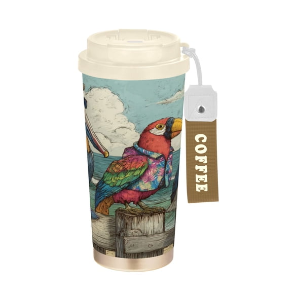 Wobogo Cartoon Pelican Double Drinking Coffee Cup Insulated Mug with Food-grade 316 Stainless Steel Beige Lid