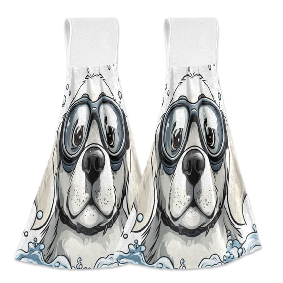 Wobogo Cartoon White Labrador Hand Towel Set of 2 Absorbent for Kitchen and Bathroom With Velcro Hanging Loop 18.2×14in