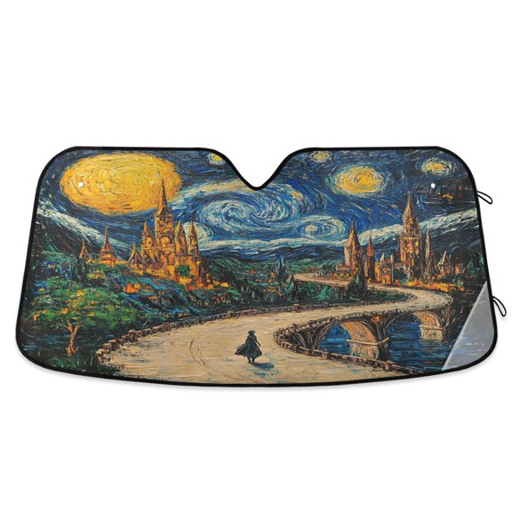 Wobogo Castle Starry Night View Car Windshield Sunshades Autopilot Lightweight Accordion Sun Visor 55×27.6in