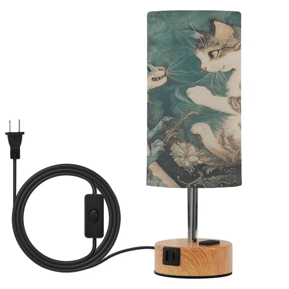 Wobogo Cat and Dragon Drawing Bedside Lamp Touch Control Table Lamp with USB A+C Charging Ports & AC Outlet 3-Way Dimmable Nightstand Lamp with Linen Fabric Shade for Bedroom Living Room