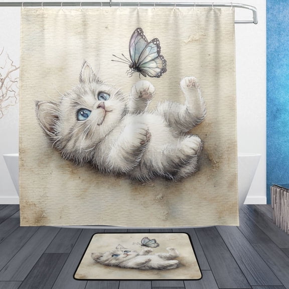 Wobogo Cat Plays with Butterfly Bathroom Shower Curtain Set with Floor Mat and Hooks Ultra Waterproof Visible Slider Beads