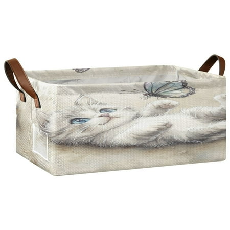 Wobogo Cat Plays with Butterfly Storage Basket Soccer Plaid Fabric Oversized Collapsible Hoard Box with Metal Iron Frame 16.9×11.4×7.7in