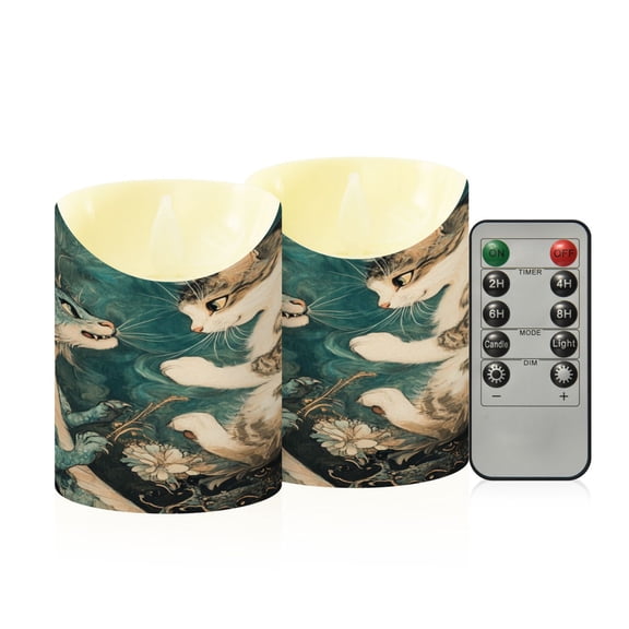 Wobogo Cat and Dragon Drawing Flameless Candles with Remote Battery Operated Flickering LED Candles with Timer 2/4/6/8H Small Size