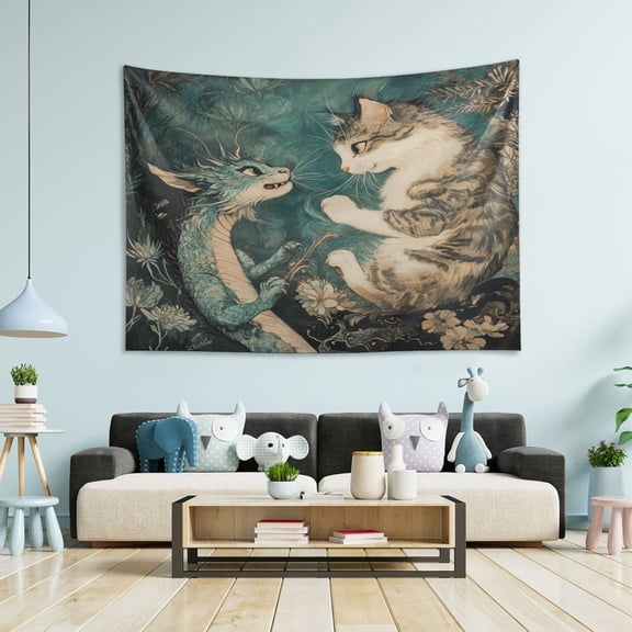 Wobogo Cat and Dragon Drawing Tapestry 60×40in Home Living Room Bedroom Wall Hanging Ornaments