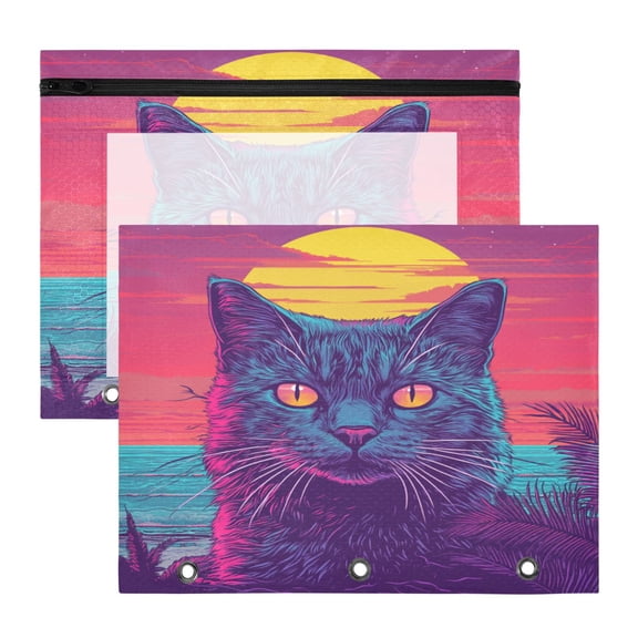 Wobogo Cat before Sunset A4 Size Clear Polyester File Pocket Set of 2 Zipper Home Work Office Organizer