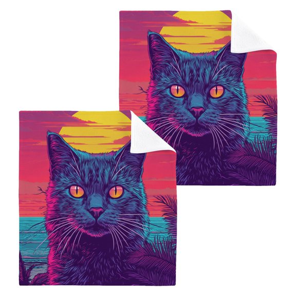 Wobogo Cat before Sunset Square Cotton Towel Set of 2 Soft and Skin-friendly with Good Absorbency 12×12in