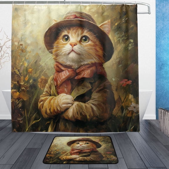 Wobogo Cat in An Army Coat Bathroom Shower Curtain Set with Floor Mat and Hooks Ultra Waterproof Visible Slider Beads
