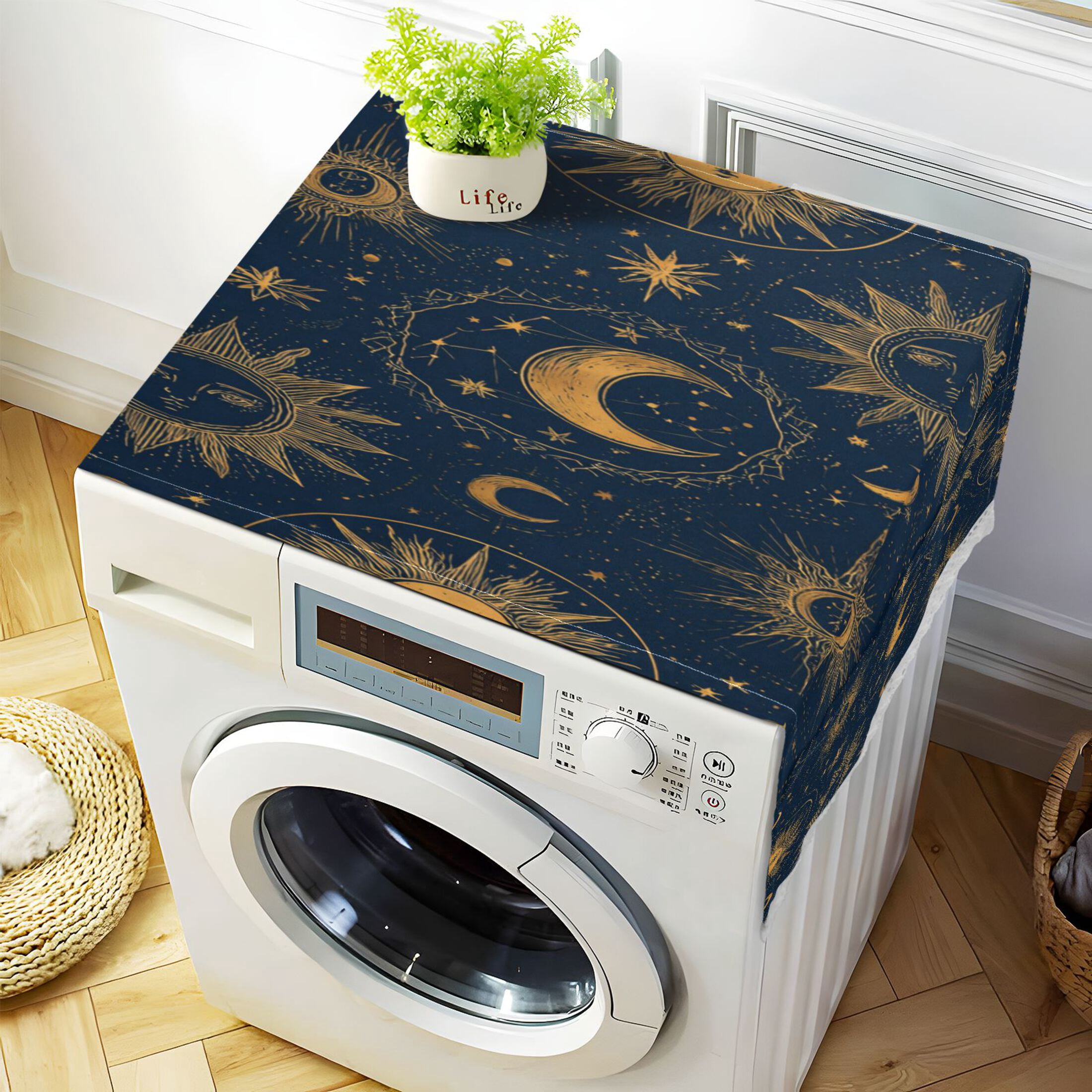 Wobogo Celestial Sun Moon Washing Machine Cover Dustproof Washer Dryer Cover Waterproof Laundry Room Decorative Protector