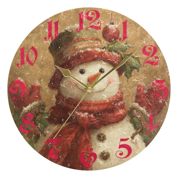 Wobogo Cheerful Snowman Wall Clock 10in Silent Mechanism Battery Operated Retro Style for Living Room Bedroom and Kitchen Gold Pointer