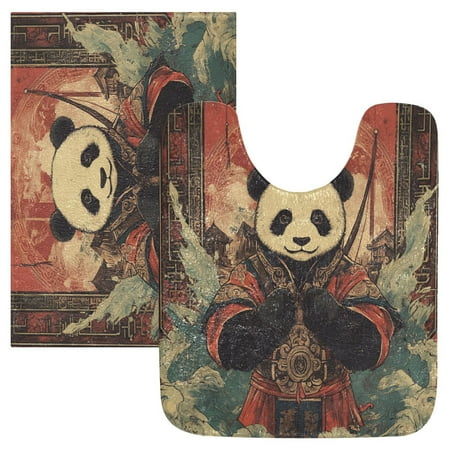 Wobogo Chinese Style Panda U-Shaped Toilet Bath Mat Set Super Soft Absorbent Quick Dry Memory Foam Non Slip Bathroom Rugs for Tub Shower and Single Sink