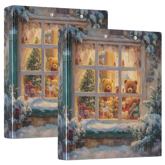Wobogo Christmas Bear Window File Folders Extra Large Capacity to Hold 200 Sheets of Documents Hard Shell Ring Binder for School Home Office