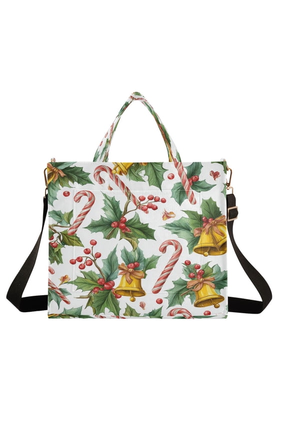 Wobogo Christmas Bells Pattern Corduroy Tote Bag for Women Travel Crossbody Bag Purse Women Shoulder Bags Work Handbags Daily Commuter Bag 10.2×9inch