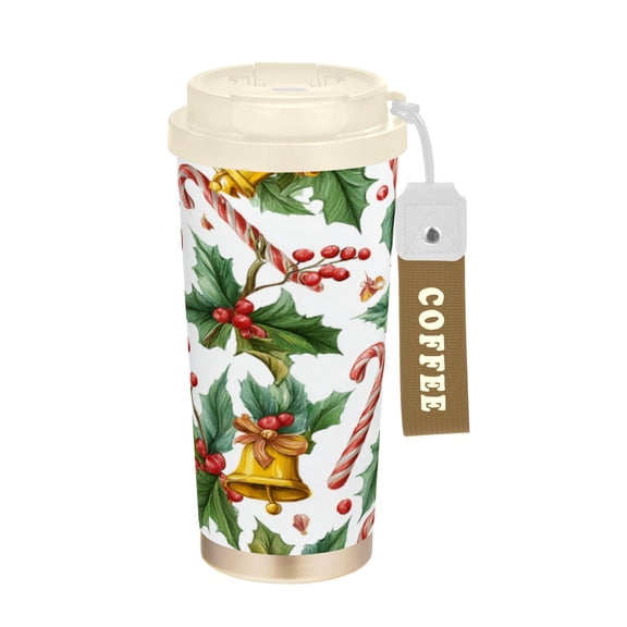 Wobogo Christmas Bells Pattern Double Drinking Coffee Cup Insulated Mug with Food-grade 316 Stainless Steel Beige Lid