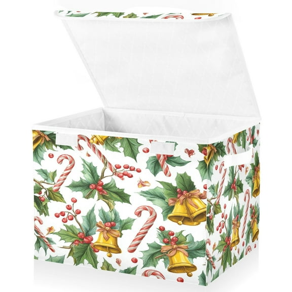 Wobogo Christmas Bells Pattern Large Collapsible Storage Box Flip Lid Fabric Decorative Organizer Container Basket with Handles 16.512.611.8in