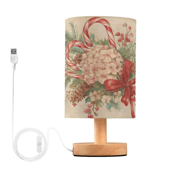 Wobogo Christmas Cane Bedroom Table Lamp USB Power Connector Wooden Base Round Linen Shade For Living Room Desk