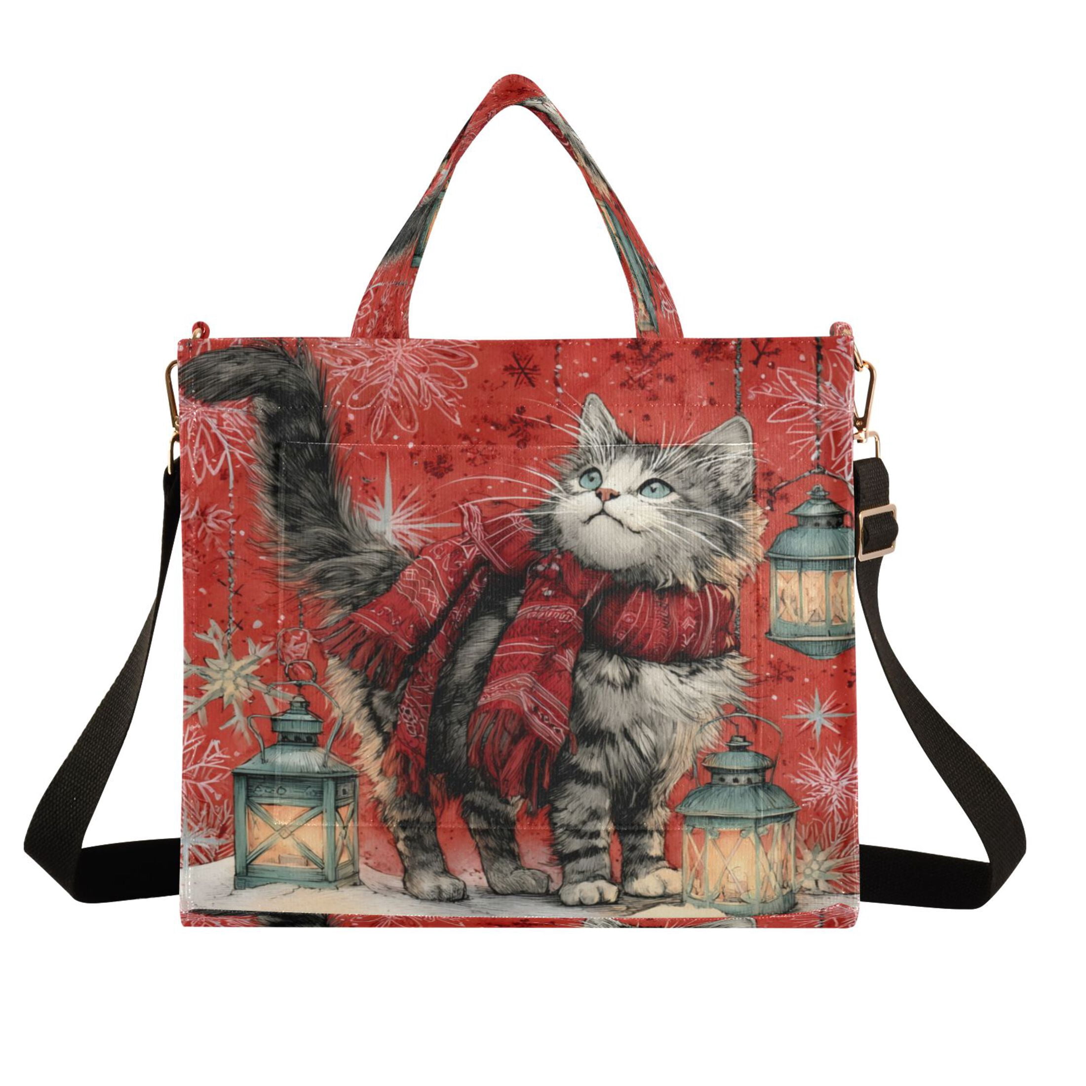 Wobogo Christmas Cute Tabby Cat Corduroy Tote Bag for Women Travel Crossbody Bag Purse Women Shoulder Bags Work Handbags Daily Commuter Bag 10.2×9inch