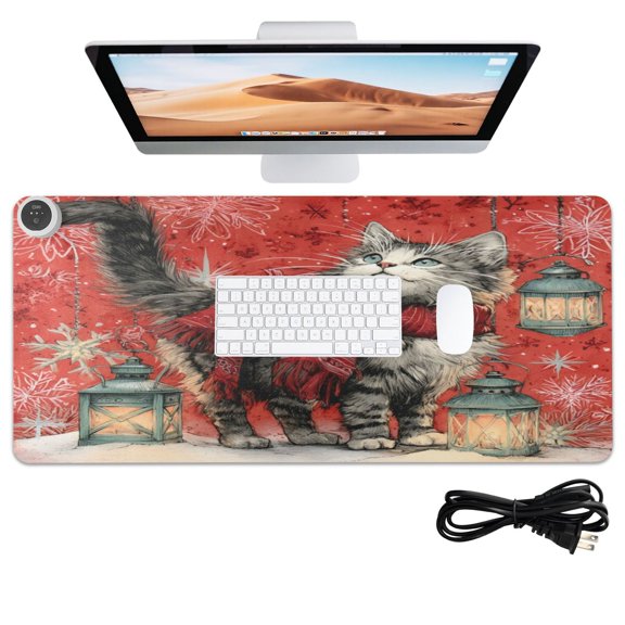 Wobogo Christmas Cute Tabby Cat Heated Mouse Pad With 3 Heating Levels and 3-hour Auto Shut-Off Protection Ideal for Computer Keyboards Home Office Hand-warming Essential