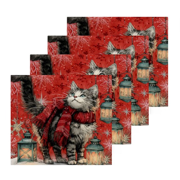 Wobogo Christmas Cute Tabby Cat Square Cotton Towel Set of 2 Soft and Skin-friendly with Good Absorbency 12×12in